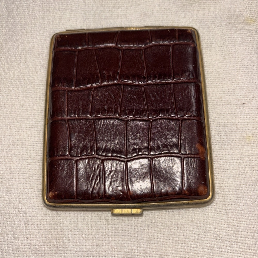Vintage Double Pocket Case Dark Brown Crocodile Embossed 3"x4" Cigarette Case